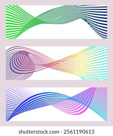 Wavy lines or ribbons. Set of 3 backgrounds. Multicolored striped gradient. Creative unusual background with abstract gradient wave lines to create a trendy banner, poster. vector eps
