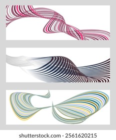 Wavy lines or ribbons. Set of 3 backgrounds. Multicolored striped gradient. Creative unusual background with abstract gradient wave lines to create a trendy banner, poster. vector eps