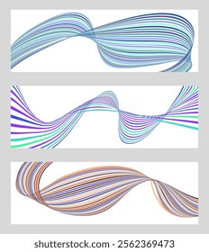 Wavy lines or ribbons. Set of 3 backgrounds. Multicolored striped gradient. Creative unusual background with abstract gradient wave lines to create a trendy banner, poster. vector eps