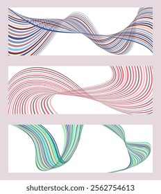 Wavy lines or ribbons. Set of 3 backgrounds. Multicolored striped gradient. Creative unusual background with abstract gradient wave lines to create a trendy banner, poster. vector eps