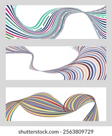 Wavy lines or ribbons. Set of 3 backgrounds. Multicolored striped gradient. Creative unusual background with abstract gradient wave lines to create a trendy banner, poster. vector eps