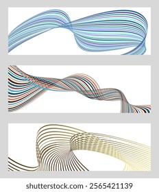 Wavy lines or ribbons. Set of 3 backgrounds. Multicolored striped gradient. Creative unusual background with abstract gradient wave lines to create a trendy banner, poster. vector eps