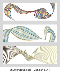 Wavy lines or ribbons. Set of 3 backgrounds. Multicolored striped gradient. Creative unusual background with abstract gradient wave lines to create a trendy banner, poster. vector eps