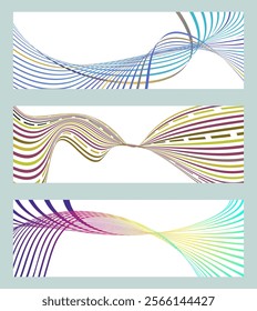 Wavy lines or ribbons. Set of 3 backgrounds. Multicolored striped gradient. Creative unusual background with abstract gradient wave lines to create a trendy banner, poster. vector eps