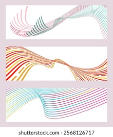 Wavy lines or ribbons. Set of 3 backgrounds. Multicolored striped gradient. Creative unusual background with abstract gradient wave lines to create a trendy banner, poster. vector eps