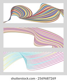 Wavy lines or ribbons. Set of 3 backgrounds. Multicolored striped gradient. Creative unusual background with abstract gradient wave lines to create a trendy banner, poster. vector eps