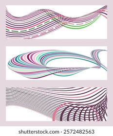 Wavy lines or ribbons. Set of 3 backgrounds. Multicolored striped gradient. Creative unusual background with abstract gradient wave lines to create a trendy banner, poster. vector eps