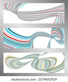 Wavy lines or ribbons. Set of 3 backgrounds. Multicolored striped gradient. Creative unusual background with abstract gradient wave lines to create a trendy banner, poster. vector eps