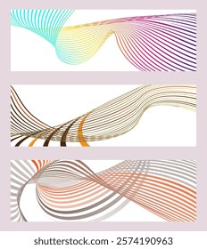 Wavy lines or ribbons. Set of 3 backgrounds. Multicolored striped gradient. Creative unusual background with abstract gradient wave lines to create a trendy banner, poster. vector eps