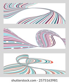 Wavy lines or ribbons. Set of 3 backgrounds. Multicolored striped gradient. Creative unusual background with abstract gradient wave lines to create a trendy banner, poster. vector eps