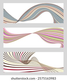 Wavy lines or ribbons. Set of 3 backgrounds. Multicolored striped gradient. Creative unusual background with abstract gradient wave lines to create a trendy banner, poster. vector eps