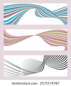 Wavy lines or ribbons. Set of 3 backgrounds. Multicolored striped gradient. Creative unusual background with abstract gradient wave lines to create a trendy banner, poster. vector eps