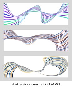 Wavy lines or ribbons. Set of 3 backgrounds. Multicolored striped gradient. Creative unusual background with abstract gradient wave lines to create a trendy banner, poster. vector eps