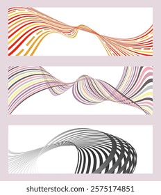Wavy lines or ribbons. Set of 3 backgrounds. Multicolored striped gradient. Creative unusual background with abstract gradient wave lines to create a trendy banner, poster. vector eps