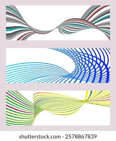 Wavy lines or ribbons. Set of 3 backgrounds. Multicolored striped gradient. Creative unusual background with abstract gradient wave lines to create a trendy banner, poster. vector eps