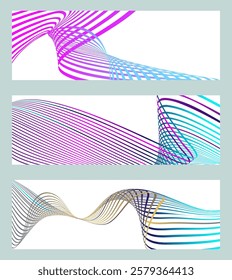 Wavy lines or ribbons. Set of 3 backgrounds. Multicolored striped gradient. Creative unusual background with abstract gradient wave lines to create a trendy banner, poster. vector eps