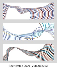 Wavy lines or ribbons. Set of 3 backgrounds. Multicolored striped gradient. Creative unusual background with abstract gradient wave lines to create a trendy banner, poster. vector eps