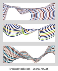 Wavy lines or ribbons. Set of 3 backgrounds. Multicolored striped gradient. Creative unusual background with abstract gradient wave lines to create a trendy banner, poster. vector eps