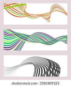 Wavy lines or ribbons. Set of 3 backgrounds. Multicolored striped gradient. Creative unusual background with abstract gradient wave lines to create a trendy banner, poster. vector eps
