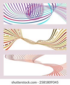 Wavy lines or ribbons. Set of 3 backgrounds. Multicolored striped gradient. Creative unusual background with abstract gradient wave lines to create a trendy banner, poster. vector eps