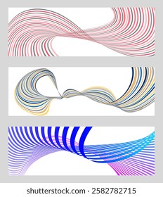 Wavy lines or ribbons. Set of 3 backgrounds. Multicolored striped gradient. Creative unusual background with abstract gradient wave lines to create a trendy banner, poster. vector eps