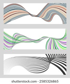 Wavy lines or ribbons. Set of 3 backgrounds. Multicolored striped gradient. Creative unusual background with abstract gradient wave lines to create a trendy banner, poster. vector eps