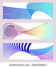 Wavy lines or ribbons. Set of 3 backgrounds. Multicolored striped gradient. Creative unusual background with abstract gradient wave lines to create a trendy banner, poster. vector eps