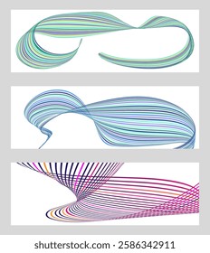 Wavy lines or ribbons. Set of 3 backgrounds. Multicolored striped gradient. Creative unusual background with abstract gradient wave lines to create a trendy banner, poster. vector eps