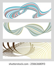 Wavy lines or ribbons. Set of 3 backgrounds. Multicolored striped gradient. Creative unusual background with abstract gradient wave lines to create a trendy banner, poster. vector eps
