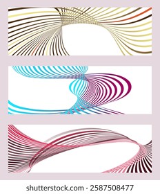 Wavy lines or ribbons. Set of 3 backgrounds. Multicolored striped gradient. Creative unusual background with abstract gradient wave lines to create a trendy banner, poster. vector eps