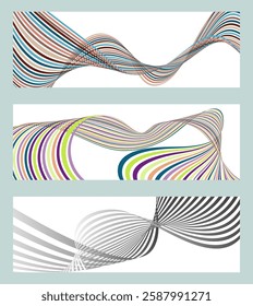 Wavy lines or ribbons. Set of 3 backgrounds. Multicolored striped gradient. Creative unusual background with abstract gradient wave lines to create a trendy banner, poster. vector eps