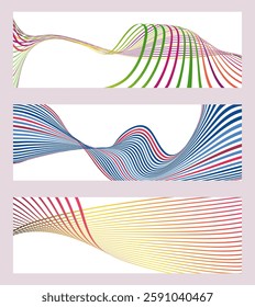 Wavy lines or ribbons. Set of 3 backgrounds. Multicolored striped gradient. Creative unusual background with abstract gradient wave lines to create a trendy banner, poster. vector eps