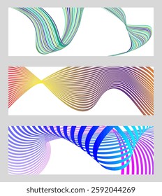 Wavy lines or ribbons. Set of 3 backgrounds. Multicolored striped gradient. Creative unusual background with abstract gradient wave lines to create a trendy banner, poster. vector eps