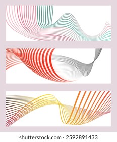 Wavy lines or ribbons. Set of 3 backgrounds. Multicolored striped gradient. Creative unusual background with abstract gradient wave lines to create a trendy banner, poster. vector eps