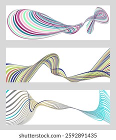 Wavy lines or ribbons. Set of 3 backgrounds. Multicolored striped gradient. Creative unusual background with abstract gradient wave lines to create a trendy banner, poster. vector eps