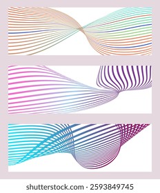 Wavy lines or ribbons. Set of 3 backgrounds. Multicolored striped gradient. Creative unusual background with abstract gradient wave lines to create a trendy banner, poster. vector eps