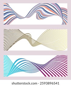 Wavy lines or ribbons. Set of 3 backgrounds. Multicolored striped gradient. Creative unusual background with abstract gradient wave lines to create a trendy banner, poster. vector eps