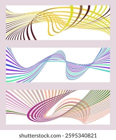 Wavy lines or ribbons. Set of 3 backgrounds. Multicolored striped gradient. Creative unusual background with abstract gradient wave lines to create a trendy banner, poster. vector eps