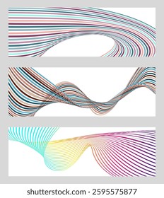 Wavy lines or ribbons. Set of 3 backgrounds. Multicolored striped gradient. Creative unusual background with abstract gradient wave lines to create a trendy banner, poster. vector eps
