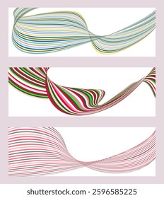 Wavy lines or ribbons. Set of 3 backgrounds. Multicolored striped gradient. Creative unusual background with abstract gradient wave lines to create a trendy banner, poster. vector eps