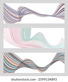 Wavy lines or ribbons. Set of 3 backgrounds. Multicolored striped gradient. Creative unusual background with abstract gradient wave lines to create a trendy banner, poster. vector eps