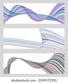 Wavy lines or ribbons. Set of 3 backgrounds. Multicolored striped gradient. Creative unusual background with abstract gradient wave lines to create a trendy banner, poster. vector eps