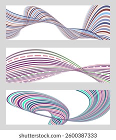 Wavy lines or ribbons. Set of 3 backgrounds. Multicolored striped gradient. Creative unusual background with abstract gradient wave lines to create a trendy banner, poster. vector eps