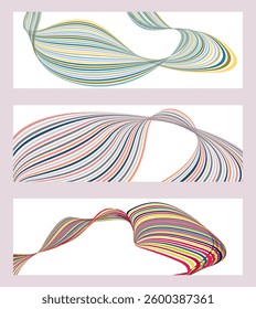 Wavy lines or ribbons. Set of 3 backgrounds. Multicolored striped gradient. Creative unusual background with abstract gradient wave lines to create a trendy banner, poster. vector eps