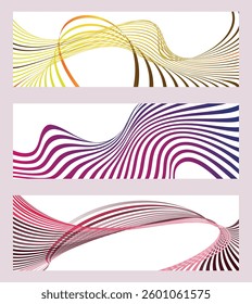 Wavy lines or ribbons. Set of 3 backgrounds. Multicolored striped gradient. Creative unusual background with abstract gradient wave lines to create a trendy banner, poster. vector eps