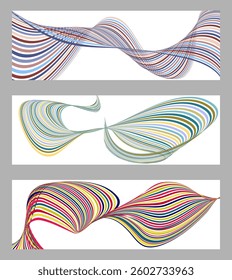 Wavy lines or ribbons. Set of 3 backgrounds. Multicolored striped gradient. Creative unusual background with abstract gradient wave lines to create a trendy banner, poster. vector eps