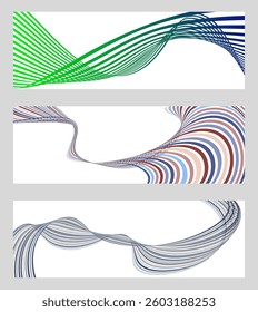 Wavy lines or ribbons. Set of 3 backgrounds. Multicolored striped gradient. Creative unusual background with abstract gradient wave lines to create a trendy banner, poster. vector eps