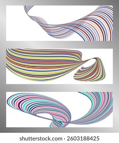 Wavy lines or ribbons. Set of 3 backgrounds. Multicolored striped gradient. Creative unusual background with abstract gradient wave lines to create a trendy banner, poster. vector eps