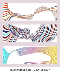 Wavy lines or ribbons. Set of 3 backgrounds. Multicolored striped gradient. Creative unusual background with abstract gradient wave lines to create a trendy banner, poster. vector eps