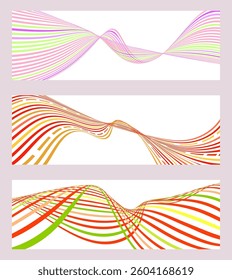 Wavy lines or ribbons. Set of 3 backgrounds. Multicolored striped gradient. Creative unusual background with abstract gradient wave lines to create a trendy banner, poster. vector eps